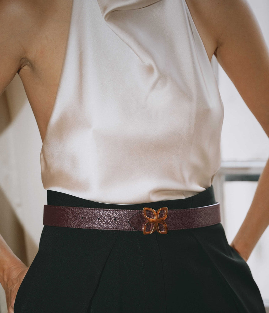 Ceinture Hortensia Doré 33mm | Bordeaux Prune - Fleuron Paris